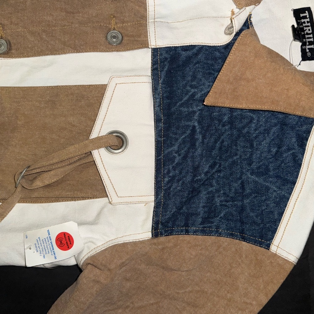 Thrill Jeans Cropped Patchwork Denim Jacket Color Block Strap Pocket Y2K Size L - Picture 8 of 8
